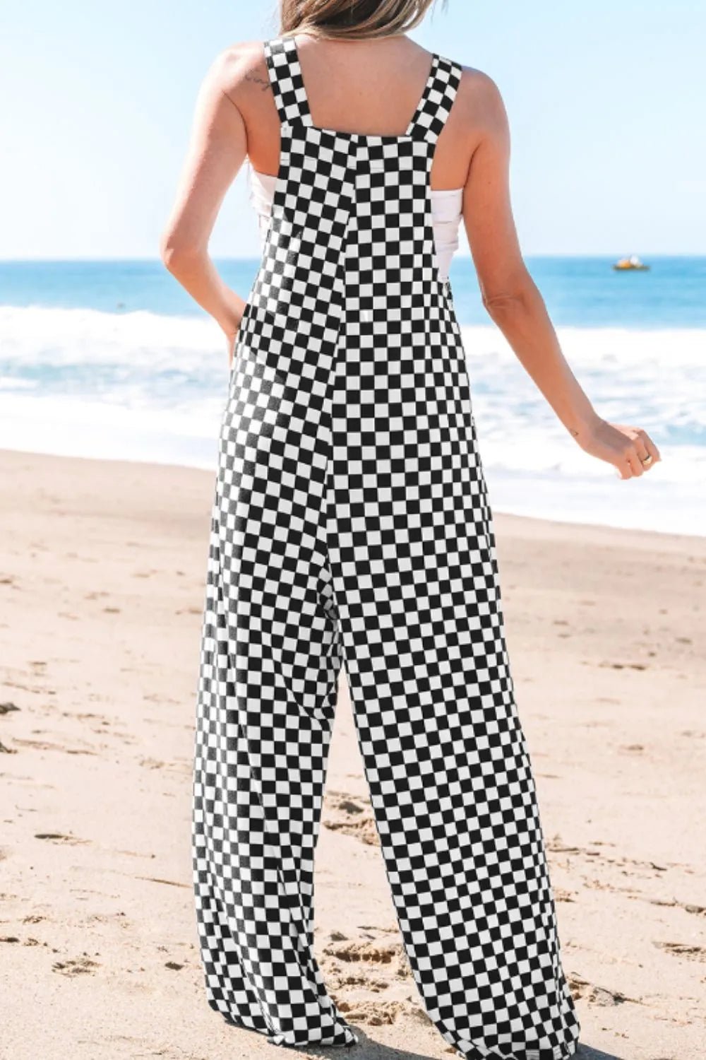 Checkered Print Pocketed Wide Leg Jumpsuit - Style Chic Couture