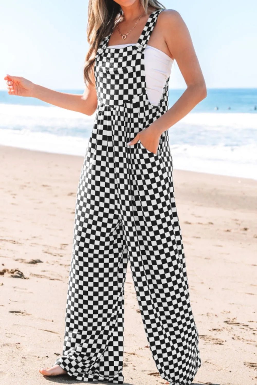 Checkered Print Pocketed Wide Leg Jumpsuit - Style Chic Couture