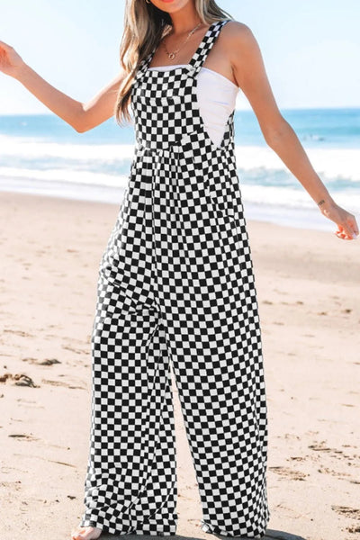 Checkered Print Pocketed Wide Leg Jumpsuit - Style Chic Couture