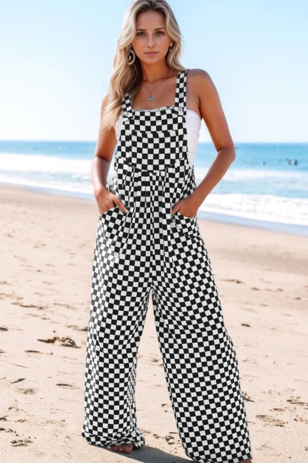 Checkered Print Pocketed Wide Leg Jumpsuit - Style Chic Couture