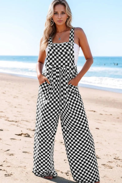 Checkered Print Pocketed Wide Leg Jumpsuit - Style Chic Couture