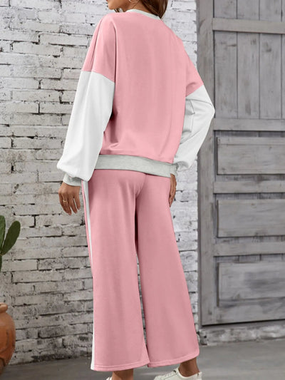 Color Block Round Neck Top and Pants Set - Style Chic Couture