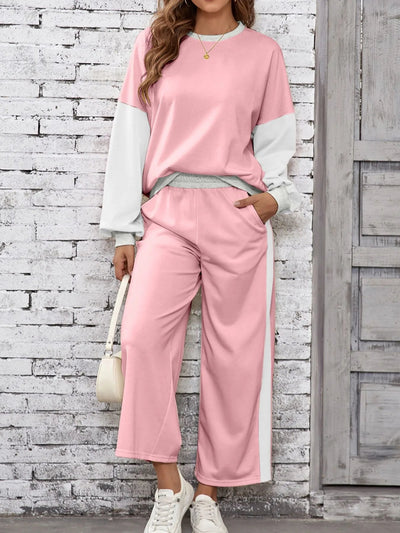 Color Block Round Neck Top and Pants Set - Style Chic Couture