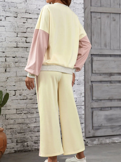 Color Block Round Neck Top and Pants Set - Style Chic Couture