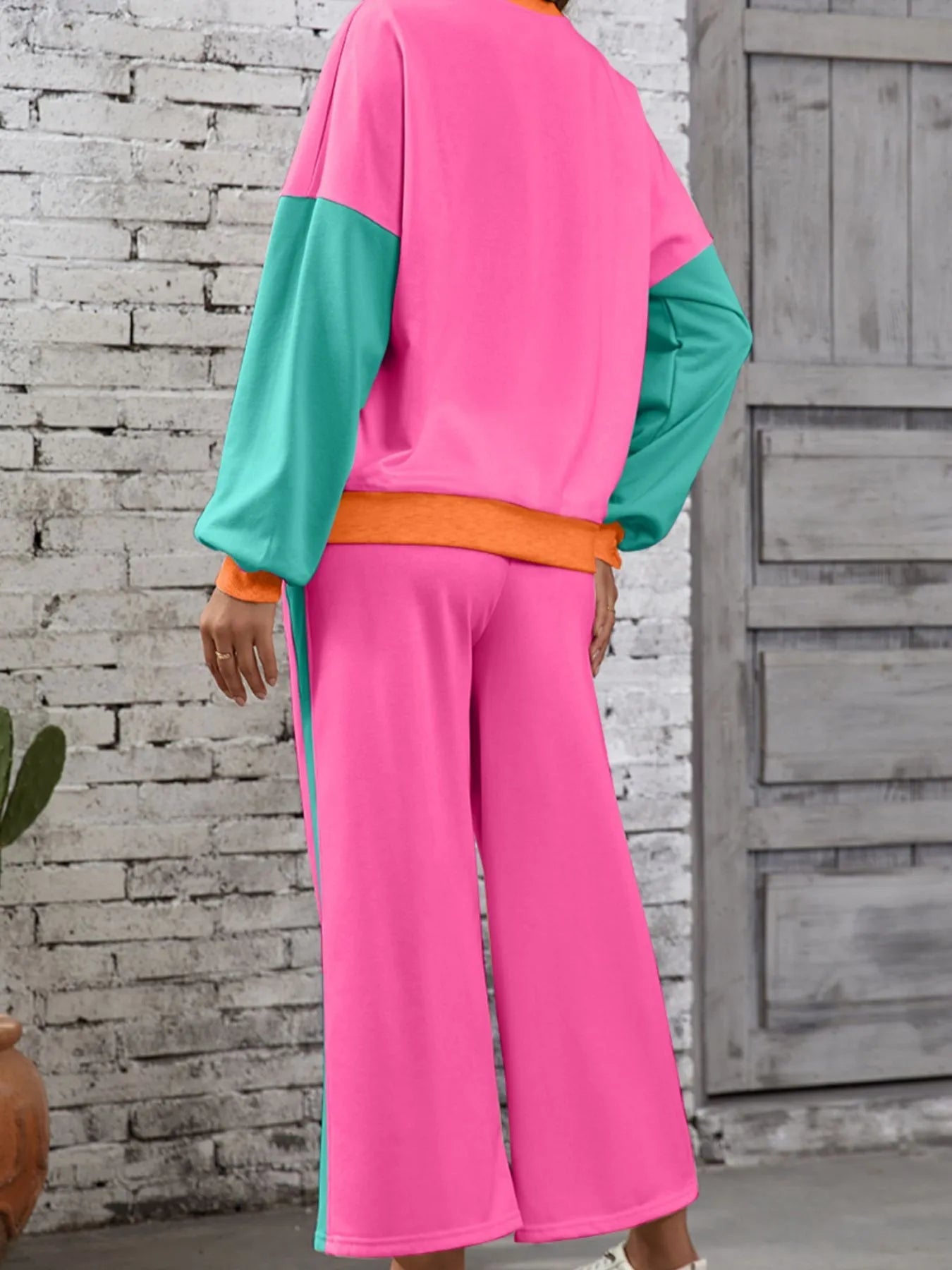 Color Block Round Neck Top and Pants Set - Style Chic Couture