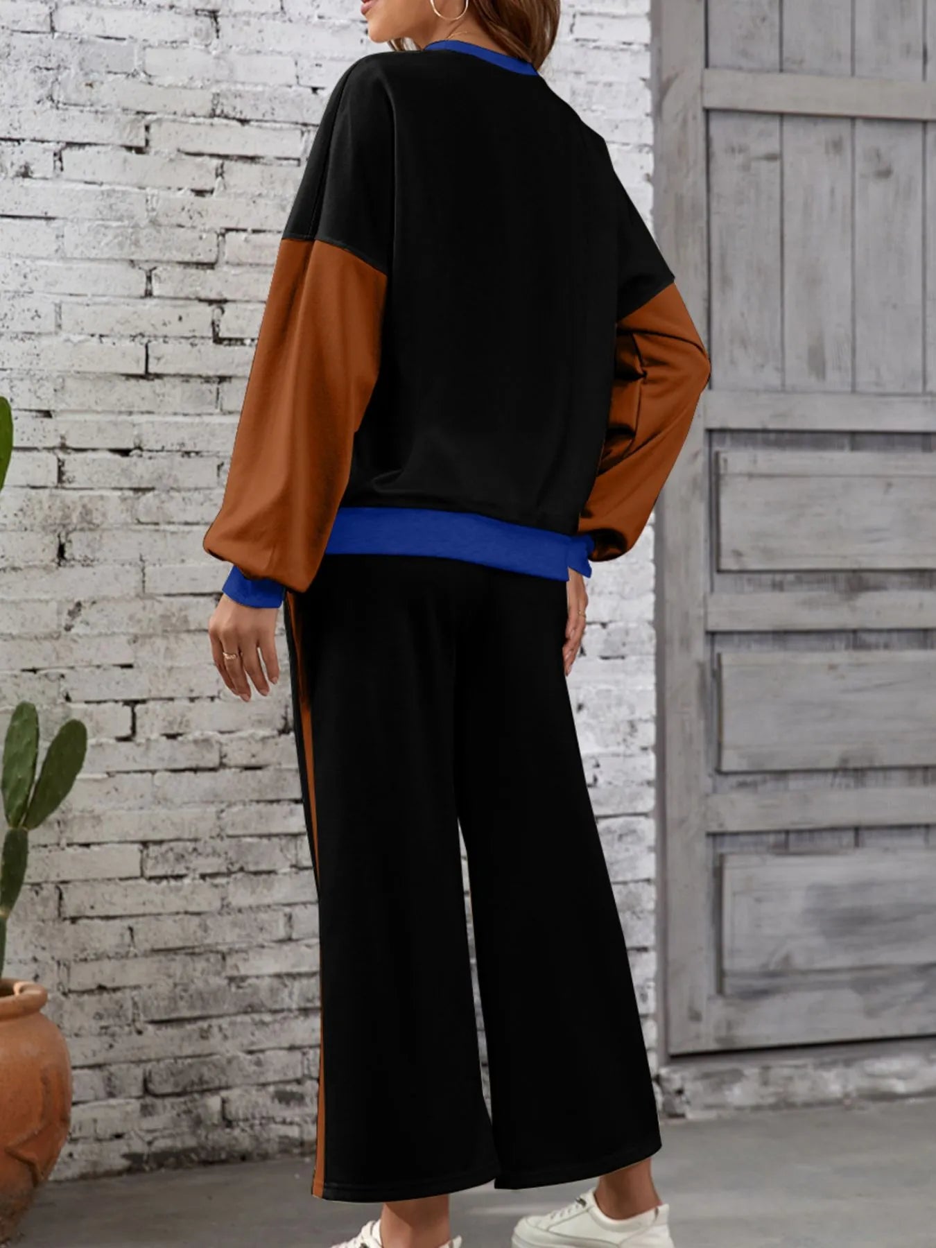 Color Block Round Neck Top and Pants Set - Style Chic Couture