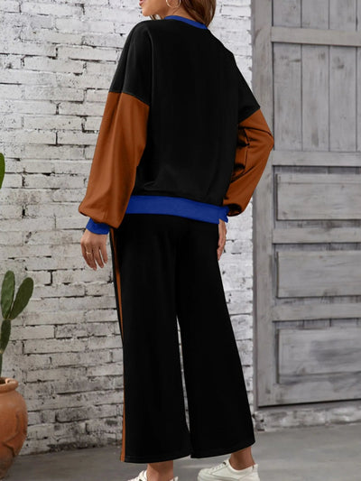 Color Block Round Neck Top and Pants Set - Style Chic Couture