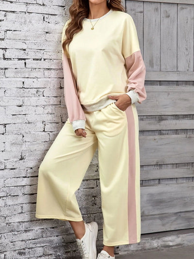 Color Block Round Neck Top and Pants Set - Style Chic Couture