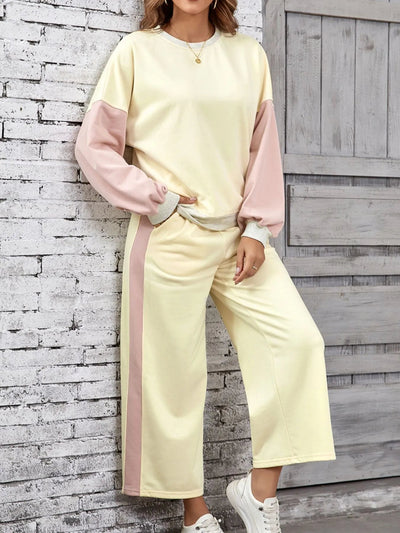 Color Block Round Neck Top and Pants Set - Style Chic Couture