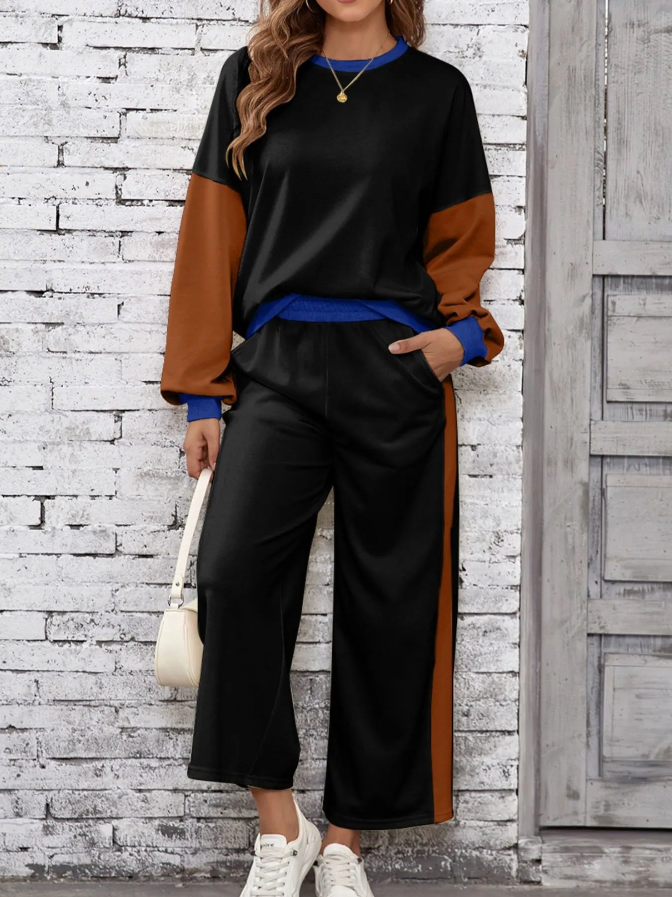Color Block Round Neck Top and Pants Set - Style Chic Couture