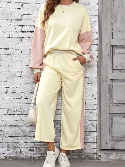 Color Block Round Neck Top and Pants Set - Style Chic Couture