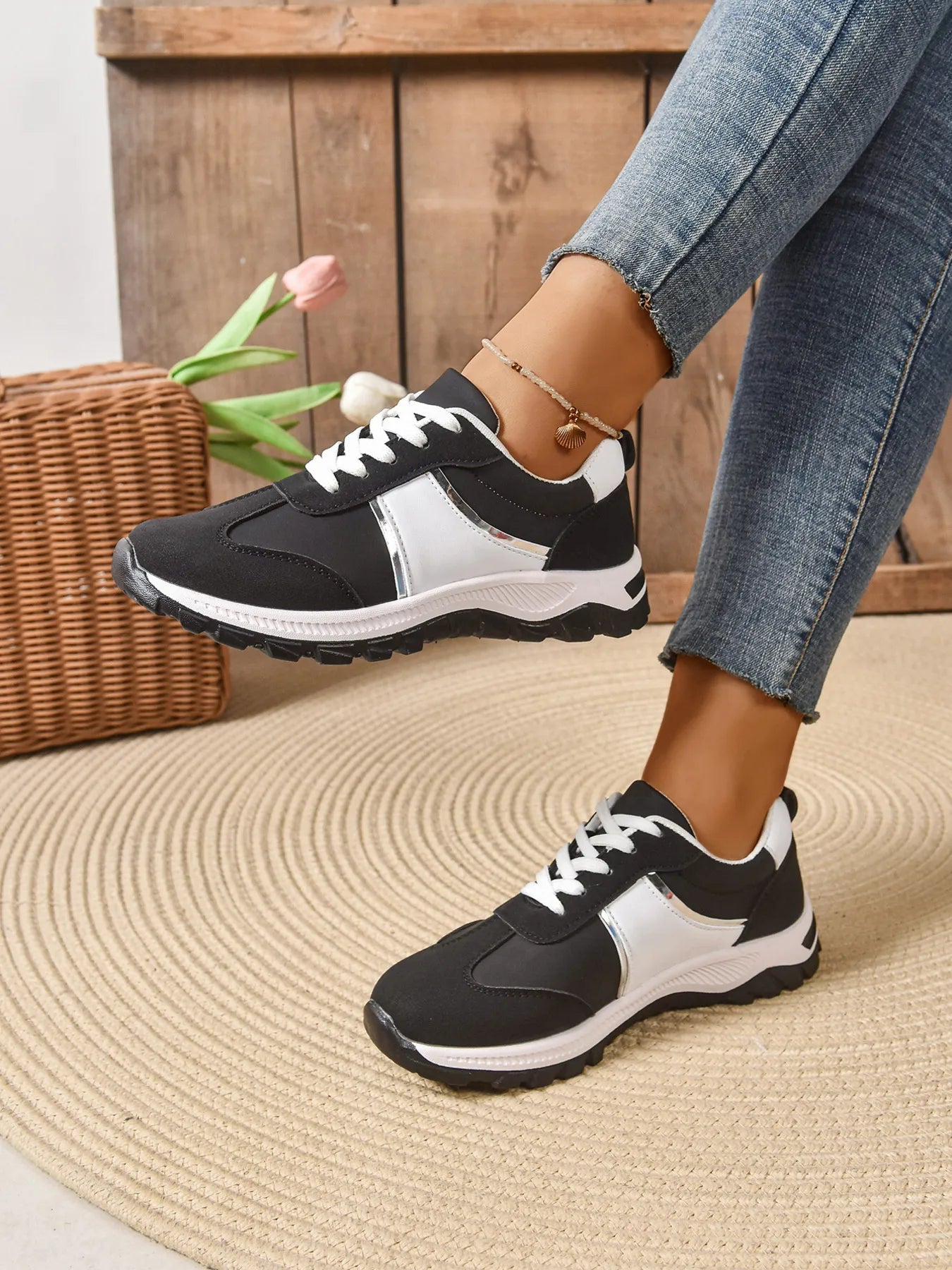 Contrast Lace Up Sneakers - Style Chic Couture