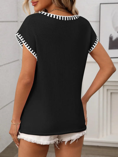Contrast Trim V - Neck Short Sleeve Knit Top - Style Chic Couture