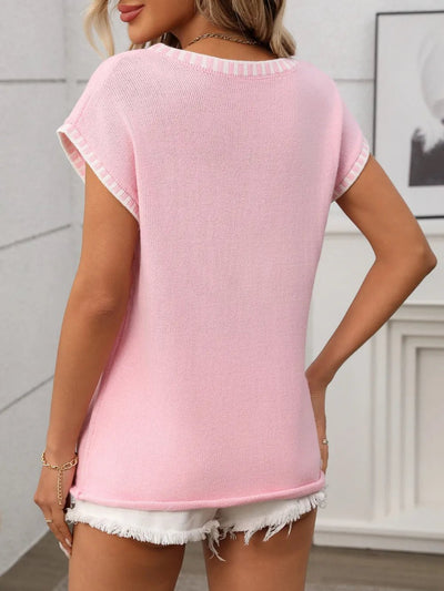 Contrast Trim V - Neck Short Sleeve Knit Top - Style Chic Couture