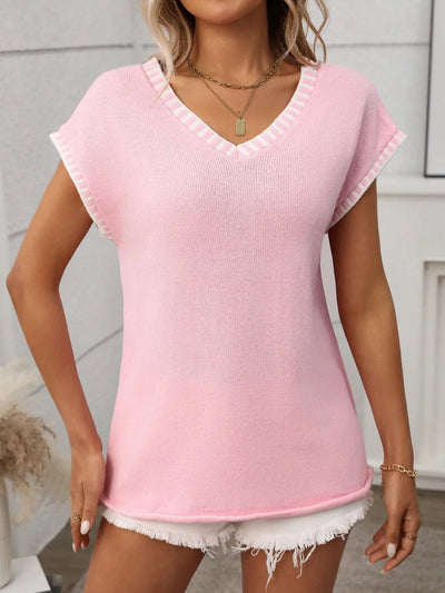 Contrast Trim V - Neck Short Sleeve Knit Top - Style Chic Couture