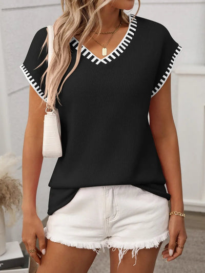 Contrast Trim V - Neck Short Sleeve Knit Top - Style Chic Couture