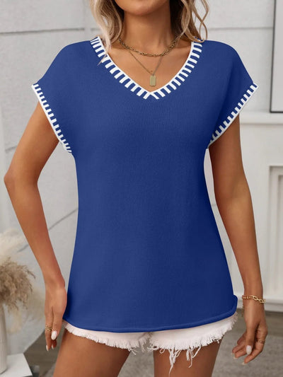 Contrast Trim V - Neck Short Sleeve Knit Top - Style Chic Couture