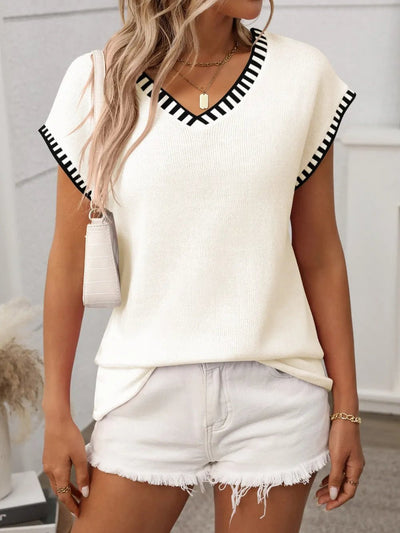 Contrast Trim V - Neck Short Sleeve Knit Top - Style Chic Couture