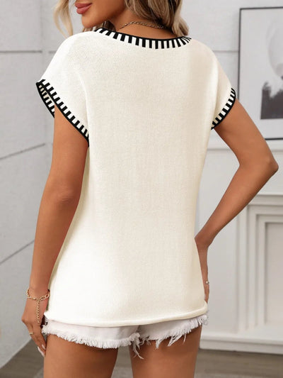 Contrast Trim V - Neck Short Sleeve Knit Top - Style Chic Couture