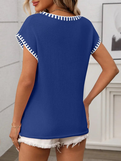 Contrast Trim V - Neck Short Sleeve Knit Top - Style Chic Couture