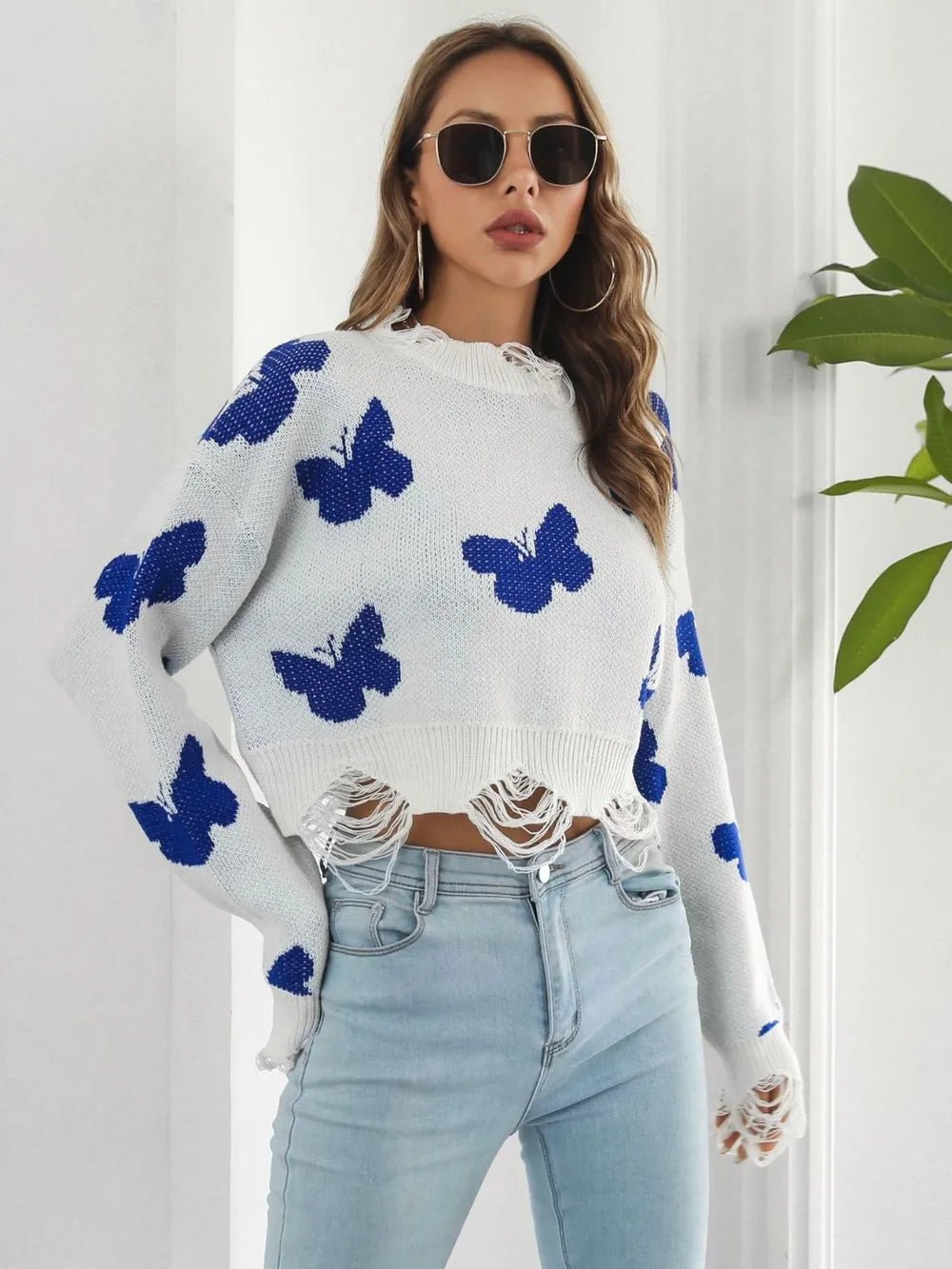 Distressed Butterfly Cropped Sweater - Style Chic Couture