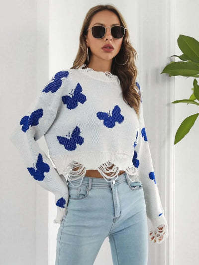 Distressed Butterfly Cropped Sweater - Style Chic Couture