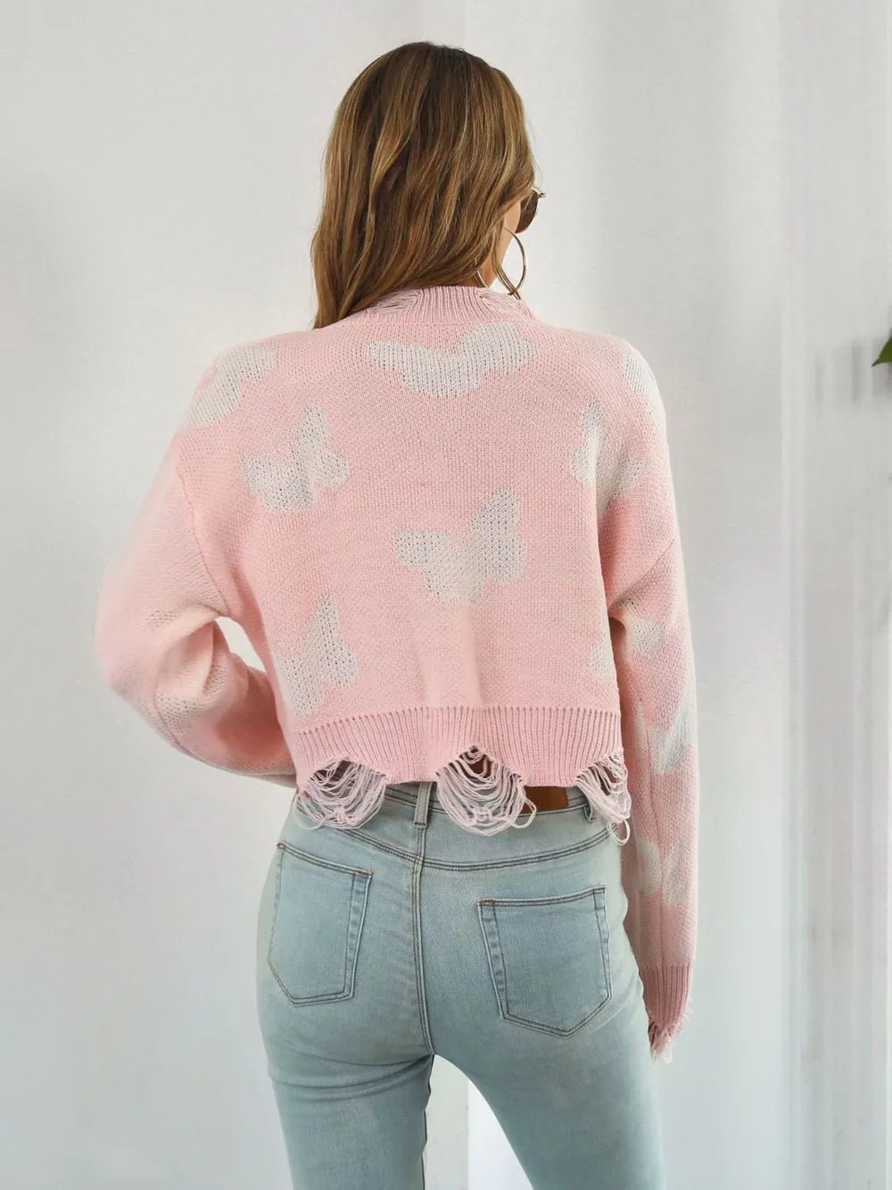 Distressed Butterfly Cropped Sweater - Style Chic Couture