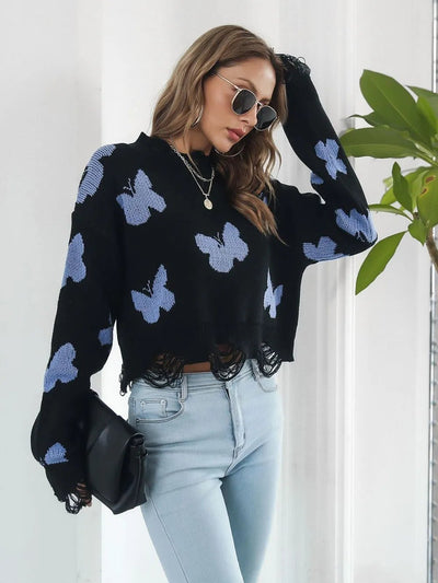 Distressed Butterfly Cropped Sweater - Style Chic Couture