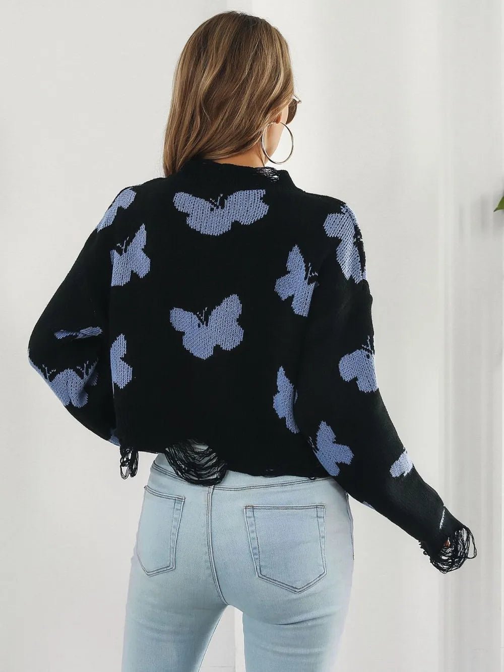 Distressed Butterfly Cropped Sweater - Style Chic Couture