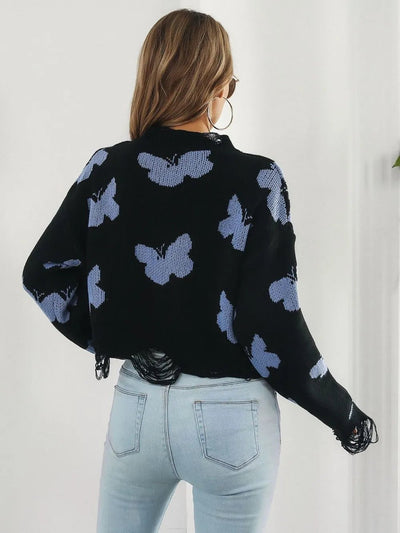Distressed Butterfly Cropped Sweater - Style Chic Couture