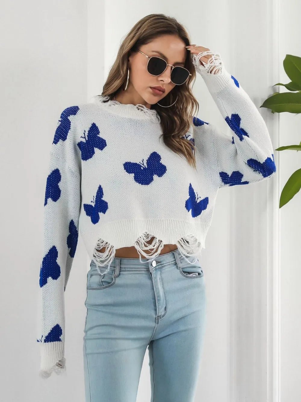 Distressed Butterfly Cropped Sweater - Style Chic Couture