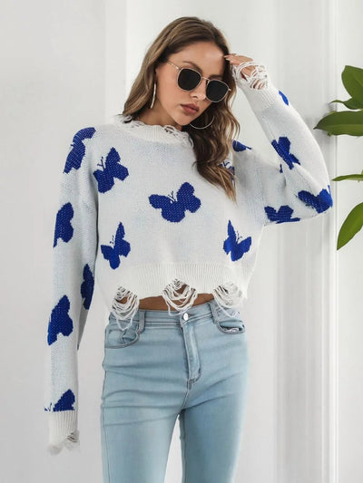 Distressed Butterfly Cropped Sweater - Style Chic Couture