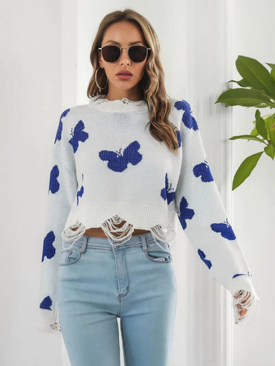 Distressed Butterfly Cropped Sweater - Style Chic Couture