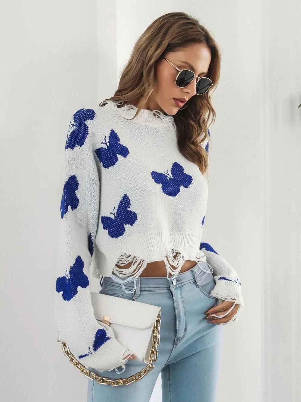 Distressed Butterfly Cropped Sweater - Style Chic Couture