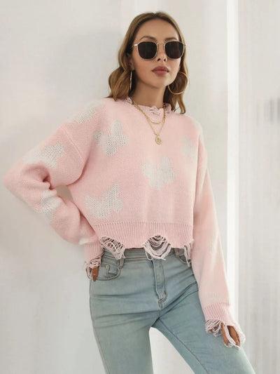 Distressed Butterfly Cropped Sweater - Style Chic Couture