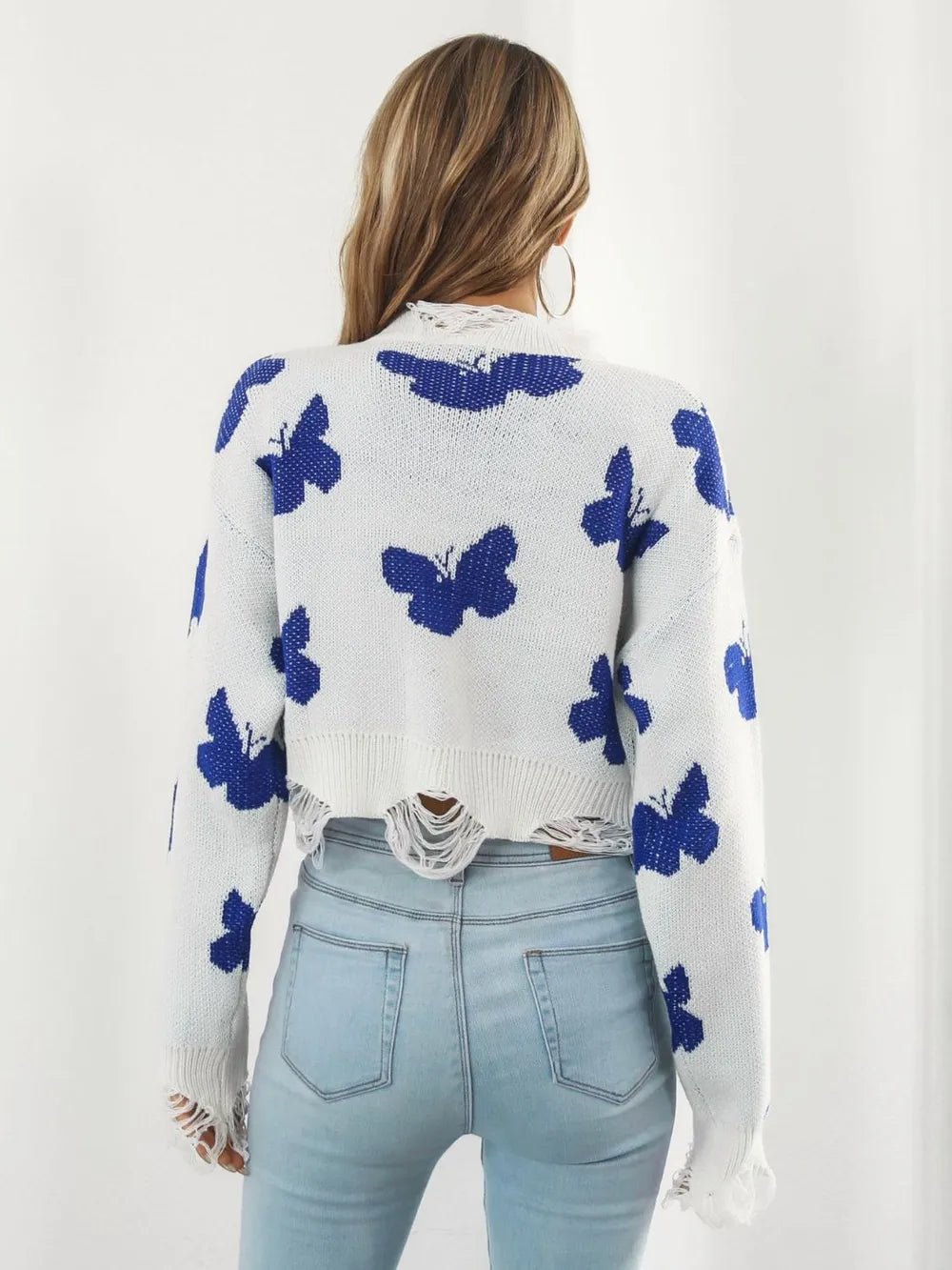 Distressed Butterfly Cropped Sweater - Style Chic Couture