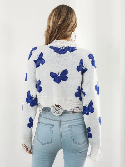 Distressed Butterfly Cropped Sweater - Style Chic Couture