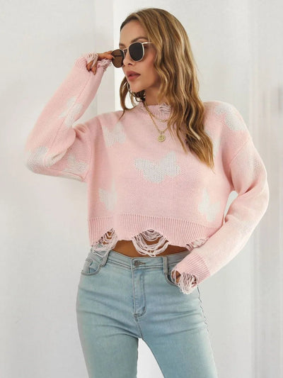 Distressed Butterfly Cropped Sweater - Style Chic Couture