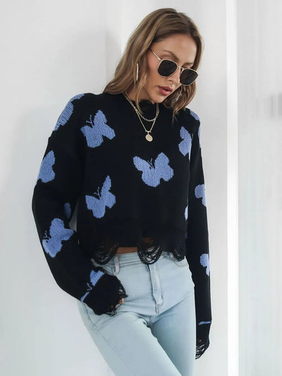 Distressed Butterfly Cropped Sweater - Style Chic Couture