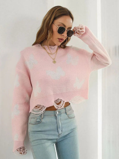 Distressed Butterfly Cropped Sweater - Style Chic Couture