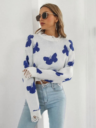 Distressed Butterfly Cropped Sweater - Style Chic Couture