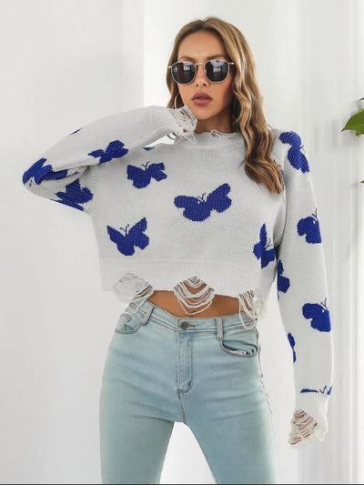 Distressed Butterfly Cropped Sweater - Style Chic Couture