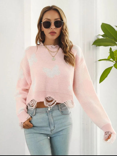 Distressed Butterfly Cropped Sweater - Style Chic Couture