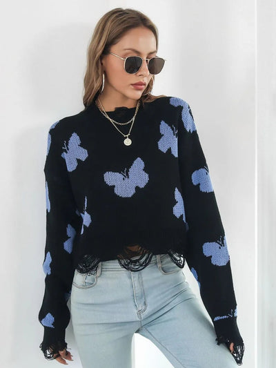 Distressed Butterfly Cropped Sweater - Style Chic Couture