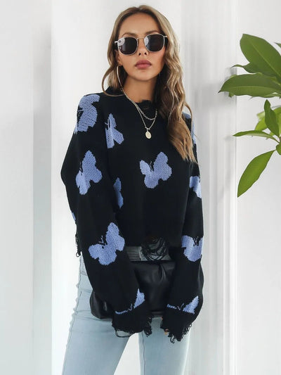 Distressed Butterfly Cropped Sweater - Style Chic Couture