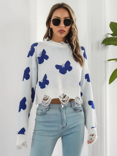 Distressed Butterfly Cropped Sweater - Style Chic Couture