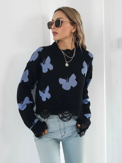 Distressed Butterfly Cropped Sweater - Style Chic Couture