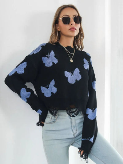 Distressed Butterfly Cropped Sweater - Style Chic Couture