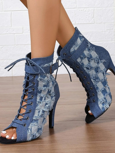 Distressed Denim Lace - Up Peep Toe Ankle Boots - Style Chic Couture