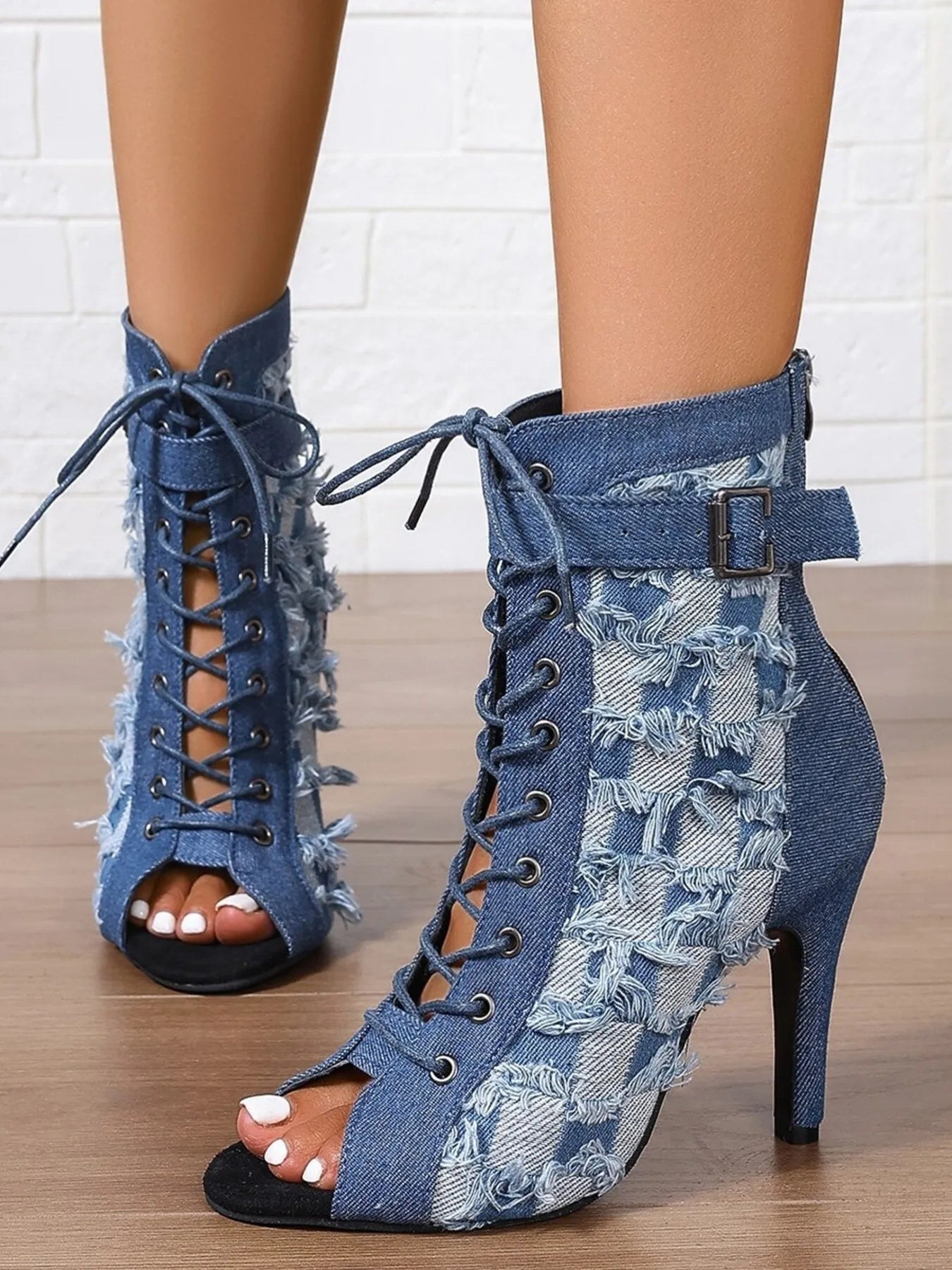 Distressed Denim Lace - Up Peep Toe Ankle Boots - Style Chic Couture